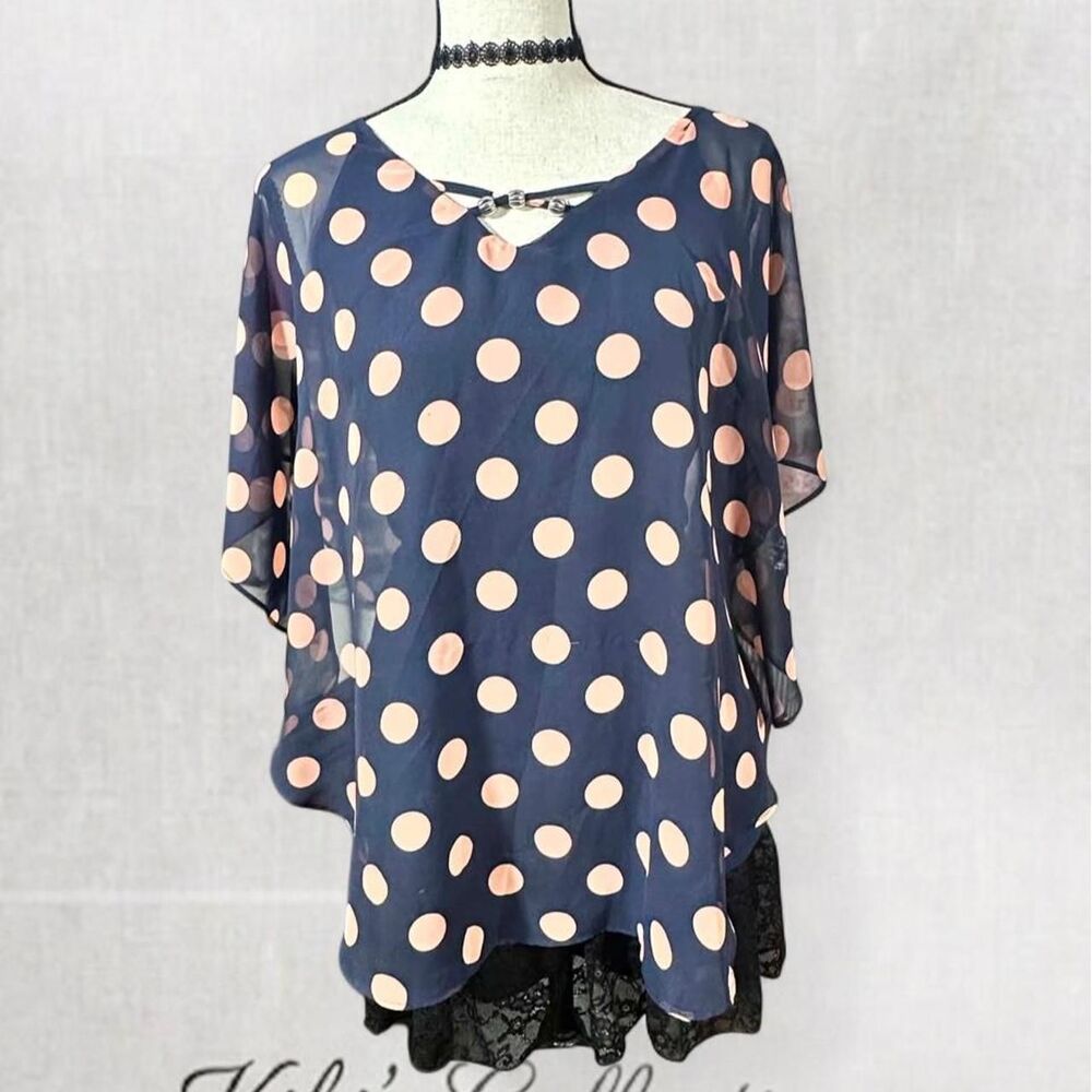 Preppy Feminine Navy and Pink Polka Dot Top with Detailed Neckline